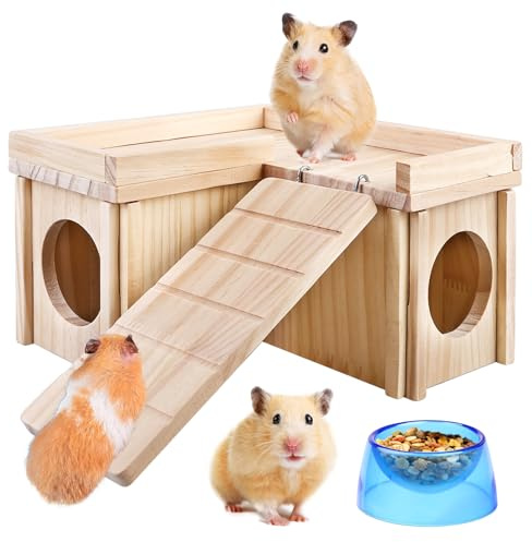 SUNOYA Casa per porcellini d'India, criceto in legno con scale e mangiatoia, piattaforma nascondiglio per criceti, casa per criceti, casa d'angolo per piccoli animali, topi Gerbils