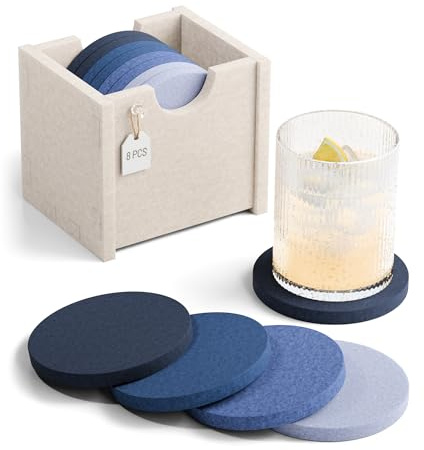 Fluxynara Felt Coasters for Drinks, Set of 8 Absorbent Coasters with Holder, Heat-Resistant & Reusable Round Design for Coffee Table & Living Room, 3.94 Inch, Denim Mist