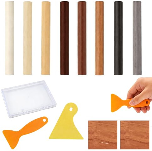LEIIERUY Kit Riparazione Legno con Pastelli in Cera per Graffi Parquet e Mobili, 8 Bastoncini Colorati con 2 Raschietti e Scatola, per Pavimenti in Legno, Piani di Lavoro e Arredi Domestici