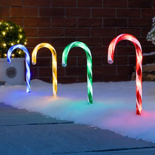 Christow Candy Cane Christmas Lights, Outdoor Path Stake Decorations, Flashing LED, Mains Powered, Set of 4 x 26cm (Multi Coloured)