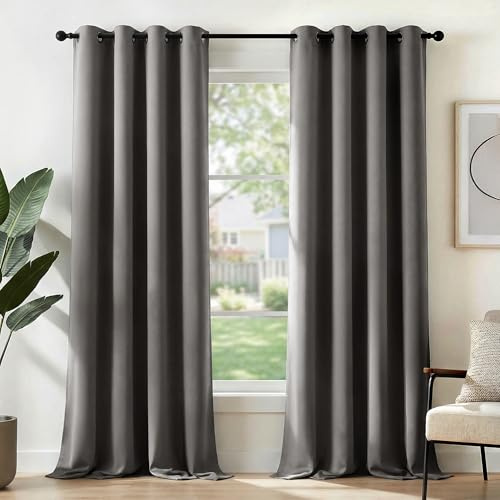Deconovo Blickdicht verdunklungsvorhänge mit Ösen Thermovorhang Kälteschutz thermo gegen Kälte Thermogardine Hitzeschutz, 270x140 cm(HöhexBreite), Hellgrau, 2er Set