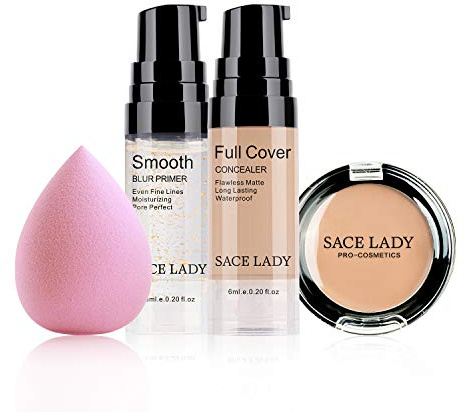 Waterproof Full Coverage Concealer Makeup Kit with Primer Sponge - Matte Liquid Foundation for Face, Eye, and Acne Scar Cover