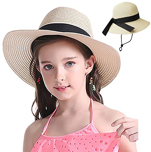 UTOWO Girls Floppy Straw Hat Sun Hat for Teens Summer Wide-Brim Beach-Cap UPF50+ (20.47 for 2-5T,21.26 for 5-9T), Little-Girls Beige, 5-10 Years
