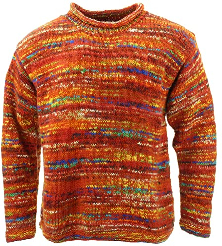 LOUDelephant - Maglione in lana lavorata a maglia grossa, motivo a righe arcobaleno, retrò, 100% lana, ampio, oversize, caldo, L