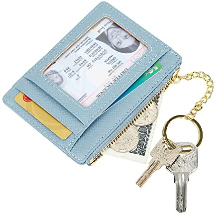 Women's Slim Minimalist Card Holder Coin Changes Purse Keychain Front Pocket Wallet with ID Window, SkyBlue-ID, One Size, Casual