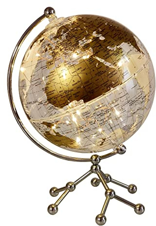 8'' World Globe, Clear Metal Globe with Built-in Gypsophila LED Strip for Home Decor, Office Desktop, Study Education and Night Light (Gold)