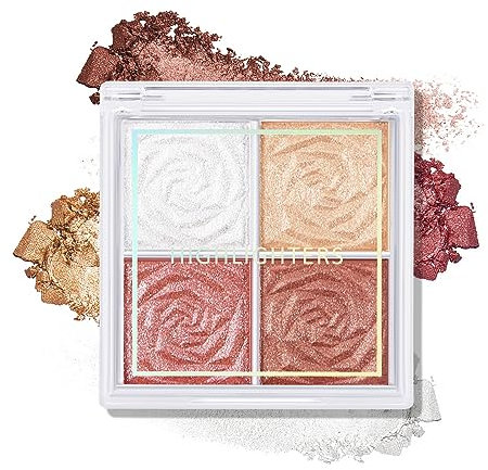 Boobeen Rouge- und Highlighter-Palette – 4-farbiges Metallic-Schimmer-Schattenpuder, Illuminator-Make-up-Set zum Schattieren, Hervorheben und Definieren des Gesichts
