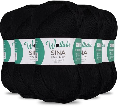 Wollidu Sina Wolle zum Stricken und Häkeln 500g Premium Strickwolle/Häkelwolle Set OEKO-TEX zertifiziert 5 x 100g/170m 80% Polyacryl 20% Schafwolle mulesing-frei - Schwarz
