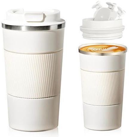 Senshuomy Travel Mug, Insulated Coffee Cup with Leakproof Lid, Reusable Coffee Cups Travel Cup, Stainless Steel thermaol Mug for Hot Cold Drinks (White 380ml)