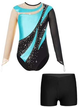TiaoBug Traje de Gimnasia Rítmica para Niñas con Brillante Maillot Leotardo de Manga Larga con Leggings Pantalones Cortos de Deportivos Danza Disfraz Bailarina C Turquesa y negro 7-8 años
