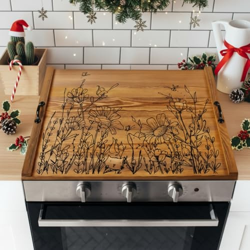 Yoande Wooden Noodle Board Stove Top Cover with Handles for Electric Stove 30 x 22 Pine Wooden Stoves Cover for Gas Burners Decorative Tray for Kitchen