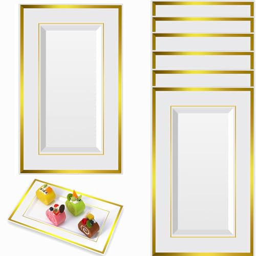 BetterJonny 6 bandejas de plástico para servir con borde dorado, 33 x 20 cm, rectangulares, para Navidad y fiestas, cumpleaños y bodas, catering y buffets