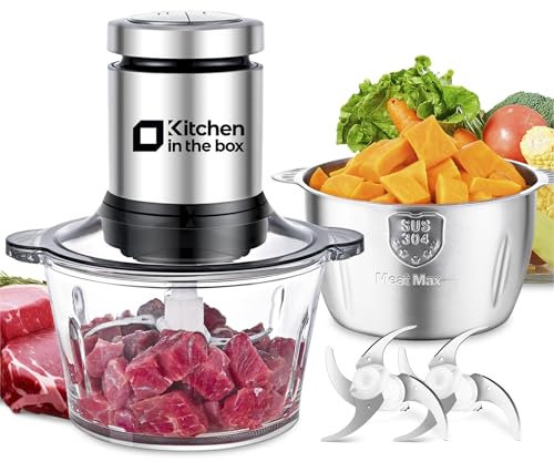 Kitchen in the box Food Processors, 2L+2L 400W Electric Meat Grinder & Food Chopper with 304 Stainless Steel Bowl and Glass Bowl, 2 Speed Settings, 2 Bi-Level Blades for Meat/Baby Food/Fruit/Vegetable