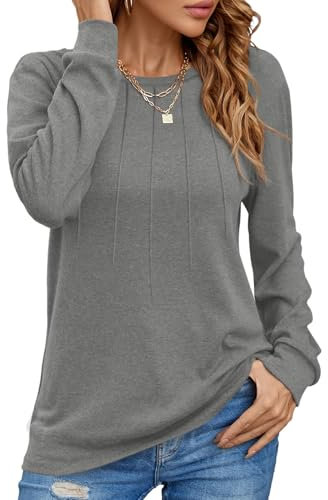 Cuptacc Damen Langarmshirt Bequemes Warm Rundhalsausschnitt Pleated Oberteile Elegant Lässig Winter Longshirt Damen Grau XL 46-48