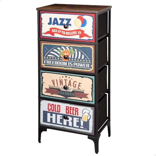 AKTIVE Max Home Commode de Chambre à Coucher Polyvalente, Graphisme Rétro et Vintage, 4 Tiroirs en Tissu Léger, 45X30X89 cm, Structure en Acier, Dessus en Bois, Tables de Chevet