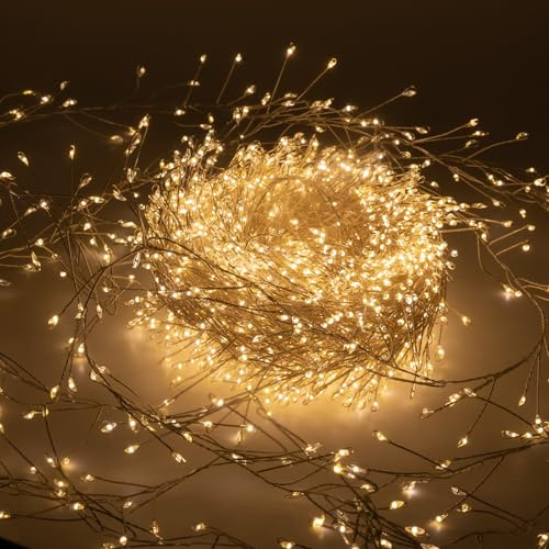 Luccika Cluster Catena Luminosa Natalizia, Luci Micro LED a Grappolo, 8 modalità di Giochi, Interno Esterno, Lucine Decorative per Albero, Natale (Bianco Caldo - Cavo Silver, 20 Metri - 2000 LED)
