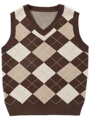 Unisex Kids Sleeveless Knitted Vest - V Neck Hem Tank Top Work Office Wear - Girls Boys Lightweight Uniform Shirt Brown