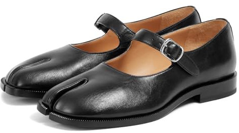 VOZTOLLS Tabi Mary Jane Damen-Schuhe, geteilte Zehenpartie, Knöchelschnalle, Riemen, flache Schuhe, bequem, lässig, elegant, Party, Schule, Arbeit, Kleid, Pumps, Schwarz matt, 39 EU