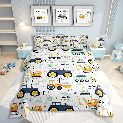 Homewish Biancheria da letto per bambini 155 x 220, cartone animato auto per ragazze ragazzi ragazzi ragazzi copripiumino carino modello auto camion trattore biancheria da letto double-face in