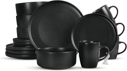 Housetronics 16 Piece Stoneware Dinner Set for 4 – Includes 4 Dinner Plates, 4 Dessert Plates, 4 Cereal Bowl and 4 Mugs, Dishwasher & Microwave Safe, Highly Resistant Dinnerware - Black