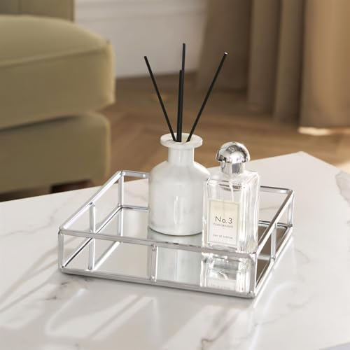OHS Mirror Tray Square Silver Decorative Mirrored Glass Metal Perfume Vanity Dresser Jewellery Cosmetics Organizer Candle Tealight Plate Display Tray for Coffee Table Bathroom Bedroom