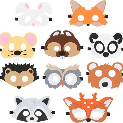Maschere animali feltro bambini , 10 Pezzi Maschere Feltro,Morbide, Comode da Indossare, Riutilizzabili, Feltro Mascherine Cosplay per Feste di Cosplay per Compleanno, Natale, Halloween, Carnevale