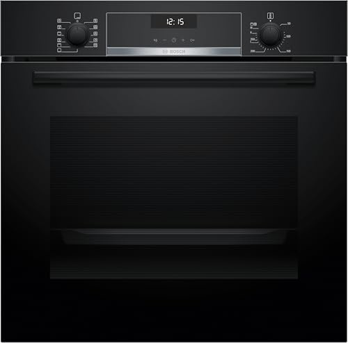 Bosch Einbau-Backofen 60 x 60 cm, Serie 6, Air Fry Funktion, 10 Automatikprogramme, 3D Heißluft für gleichmäßige Hitze auf 3 Ebenen, Reinigungsunterstützung mit Wasserdampf, HBG537BB4, Schwarz