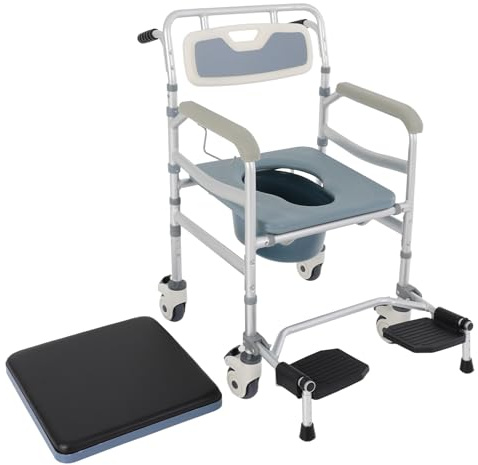 Silla de inodoro 3 en 1 con ruedas, 380 libras, 3 alturas ajustables, multifunción, con freno, se puede utilizar como silla de ducha y silla de ruedas, plegable y extraíble