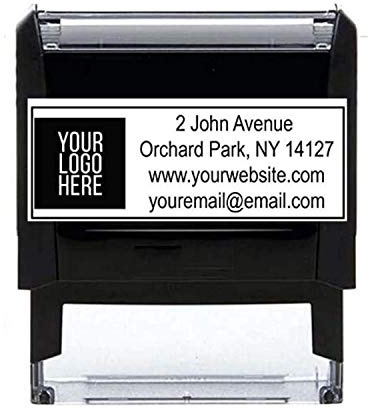 Large Logo Self-Inking Stamp - 3 or 4 Lines for Address, Website, Phone Number or Message - Black, Red, Blue, Green, Purple Ink - 10+ Designs