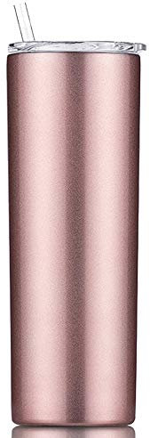 Gteller – Gobelet fin à double paroi en acier inoxydable 18/8 avec paille et couvercle, tasse de voyage isotherme pour garder les boissons froides et chaudes (or rose, 570 ml)