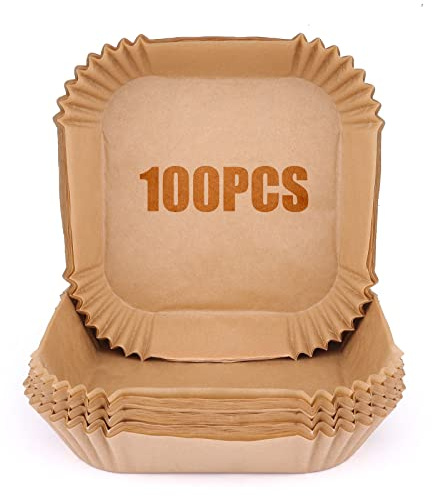 Backpapier für Heißluftfritteuse 1,2L-4,5L, 100 Stück quadratische 16-20cm einstellbar Airfryer Backpapier, kompatibel mit Philips Russell Hobbs Cecotec Cosori Tefal Airfryer