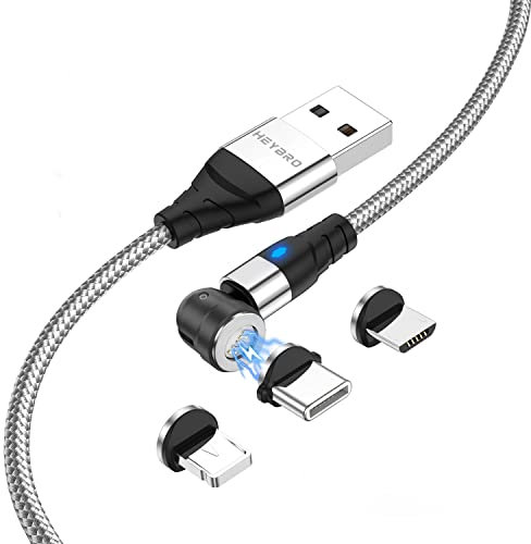 HEYBRO Cavo di Ricarica Magnetico 3A Ricarica Rapida e sincronizzazione Dati 1M/2M Cavo USB Magnetico 540° Rotazione Cavo 3 in 1 per Tutti Gli Android Phone/Micro USB/Type C/USB C Smartphone
