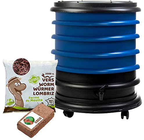 WORMbox | Lombricomposteur 4 Plateaux Bleu + 1kg de vers de Compost + 1 Bloc Coco | 64 litres | Compostez Vos déchets organiques, Les vers de Terre/lombrics produisent du lombricompost