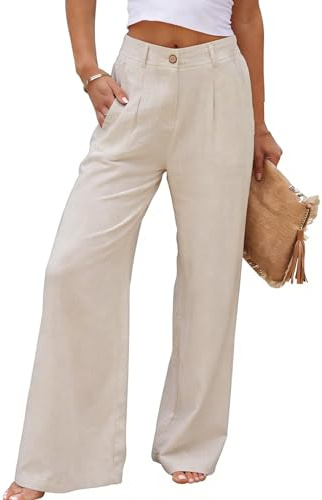 heipeiwa Women's Linen Casual High Waist Wide Leg Straight Dress Cotton Linen Pants Button Trousers