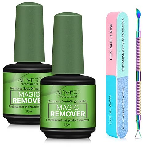 Quitaesmalte Gel Paquete de 2 con Empujador de Cutícula y Lima de Uñas, Removedor Esmalte Semipermanente, Permanentes para Uñas, Elimina Fácil y Rápidamente el Esmalte en 3-5 Minutos, No Daña las Uñas