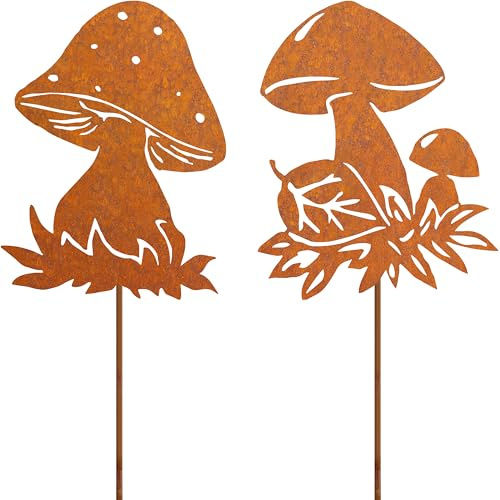 JYUECIAN Funghi Ruggine Decorazioni Giardino per Esterno, Arrugginito Spina Paletti da Giardino, Figura di Funghi Metallo