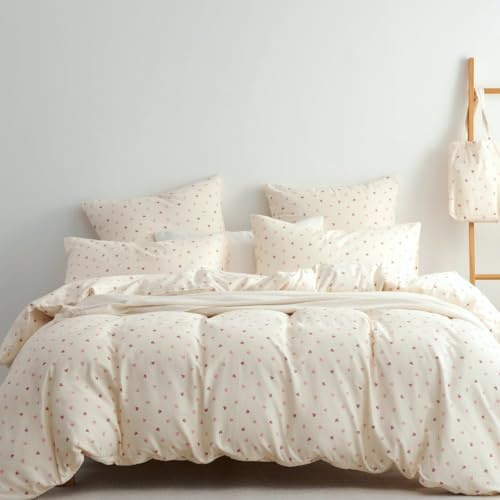 Lanqinglv Biancheria da letto doppia in mussola, 200 x 220 cm, in cotone e lino, Öko-Tex, con motivo a cuori, 1 copripiumino con chiusura lampo e 2 federe da 80 x 80 cm