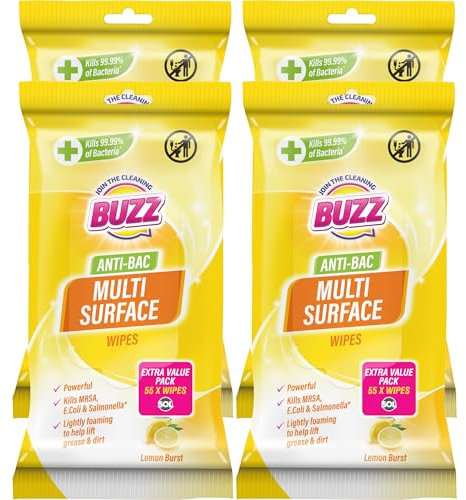 Buzz 220pk Multi Surface Wipes, Lemon Scent Household Multipurpose Cleaning Wipes for Kitchen, Bathroom & Floor, Quick & Easy Cleaning Spill Cleanup for Fresh Smelling Home & Office (4 x 55pk)