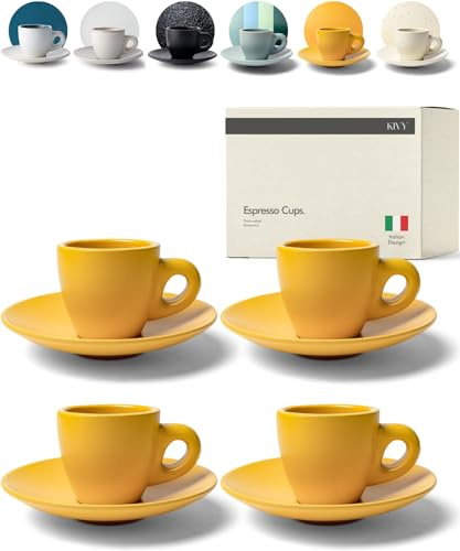 KIVY Espresso Tassen Set [4x 75ml] - Espressotassen mit Untertassen - Handgefertigte Espresso Tassen dickwandig - Italienische Espressotassen - Espressotassen Steingut Dickwandig - Gelb Orange