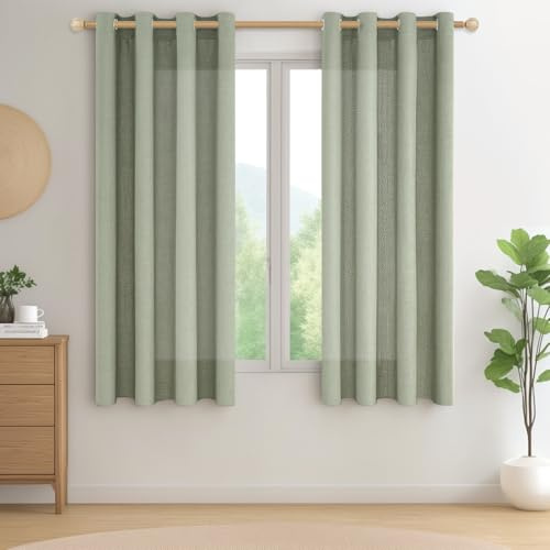 CUTEWIND Tende Verde Salvia Corte con Anelli per Interni Finestre Camera da Letto 2 Pezzi, 140x160 CM, Tenda Corta da Interno Semitrasparente Lino per Cucina Soggiorno Salotto Cameretta Bambini
