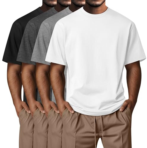 Neer Pack de 4 T-Shirts Homme Grandes Tailles Coton d'Été, Manches Courtes, Col Rond, Haut Décontracté Oversize Basic