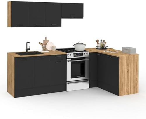 IDMarket - Cocina completa esquina 400 CM sutil con encimera 7 elementos madera y negro