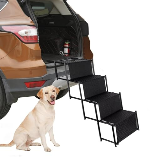 Gziztx Dog Stair 4-step Folding Dog Steps for Cars, Portable 46.5CM Widen Dog Steps for Large Dogs, Nonslip Surface, for Cars Trucks SUV, Supports Up to 80KG