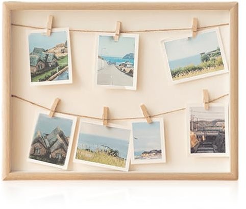 GOMETY Cornice portafoto fai da te in legno, per collage fotografico, con corda di canapa e mollette in legno, per foto e cartoline (retrò, 16 pollici, 42 x 32 cm)