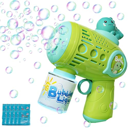 Máquina de Pompas de Jabón,Dinosaurio Verde T-Rex Máquina Pistolas de Burbujas Pistola para Niños con 10x10ml Concentrado de Burbujas Juguete Soplador con LED Luces para Exterior Verano Fiesta Boda