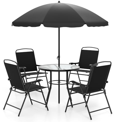 GIANTEX Lot de 6 Meubles de Jardin avec Parasol, 4 chaises Pliantes avec Table, Meubles de Balcon pour 4 Personnes, pour Jardin, Balcon, terrasse