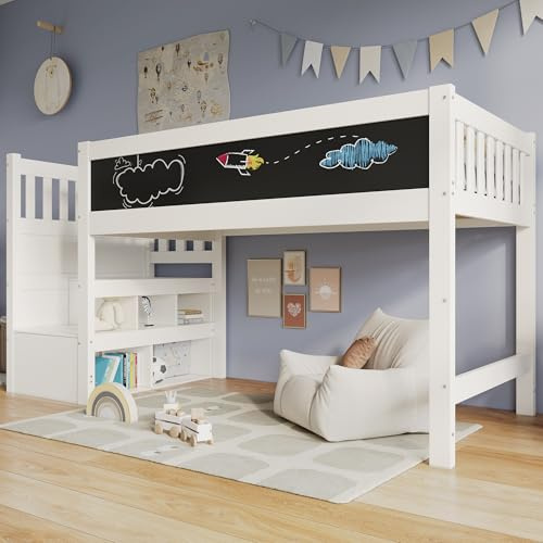 LAKFEW Cama Infantil Cama Alta 90x200 cm con Escalera de Almacenamiento y Pizarra, Camas Infantiles con Protección Anticaída, Cama para Niños, Camas Altas de Madera, Blanco, Sin Colchon