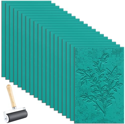 SHUESS Confezione da 20 fogli di linoleum da 100 x 150 mm, facili da intagliare, con morbido lino, spessore 3 mm, con rullo, per timbri in gomma, intaglio e artigianato (verde)