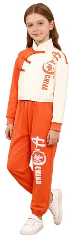 Yruioon Girls Kids Kung Fu Outfit Chinese Traditional Sets Long Sleeve Tops And Pants Clothes Set for Stage Performance Orange 6-7 Years