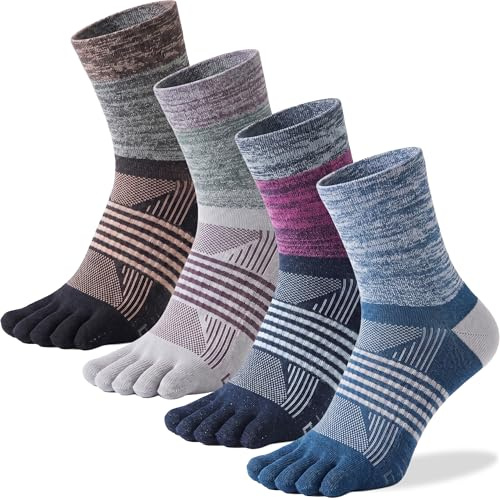 QUPOLPOL Men's Toe Socks, 4 Pairs Five-Toe Crew Sports Socks | Cotton sole feel, UK 7-9.5 fit, running hiking gym wear, machine washable
